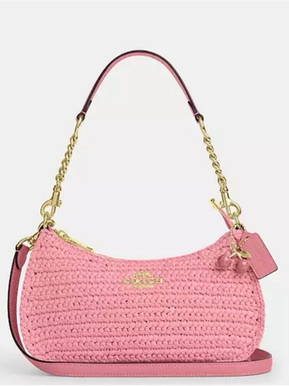 Coach Teri Straw Shoulder Bag in Cherry Blossom Pink with Cherries